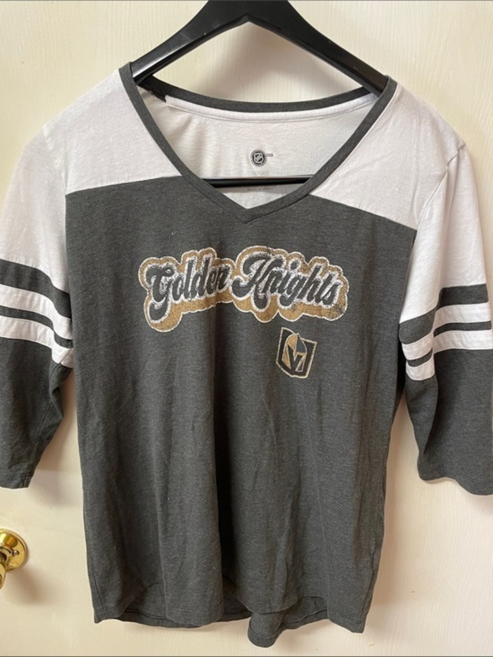 NHL Vegas Golden Knights V‑Neck Raglan Tee in Charcoal and White